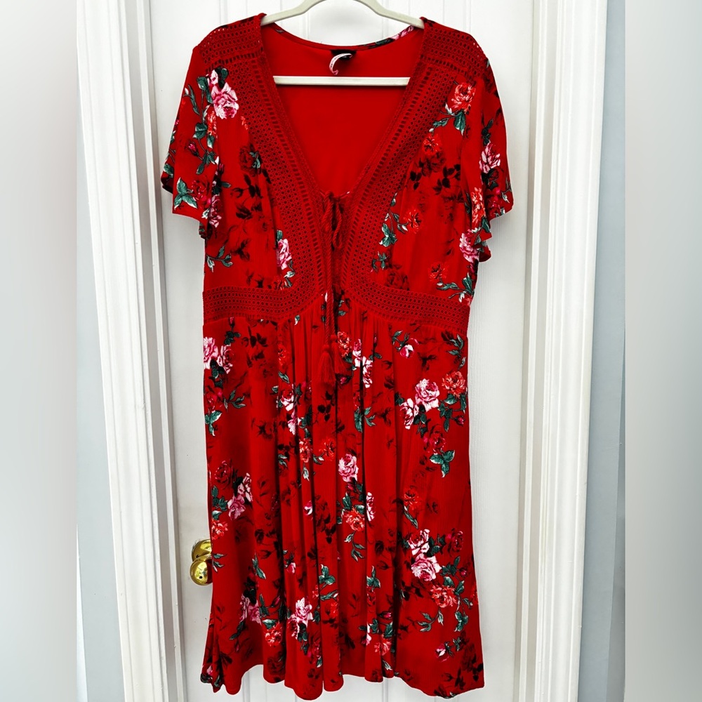 Floral Red Knee Length Dress